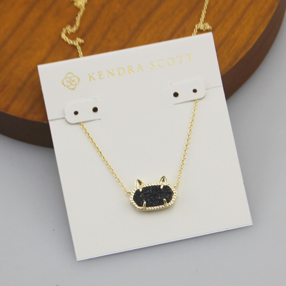 Kendra Scott Gold Necklace with Black Cat-Shaped Druzy Pendant